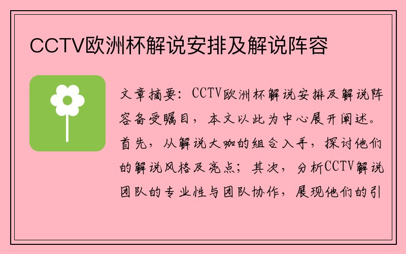 CCTV欧洲杯解说安排及解说阵容