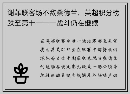 谢菲联客场不敌桑德兰,英超积分榜跌至第十一——战斗仍在继续