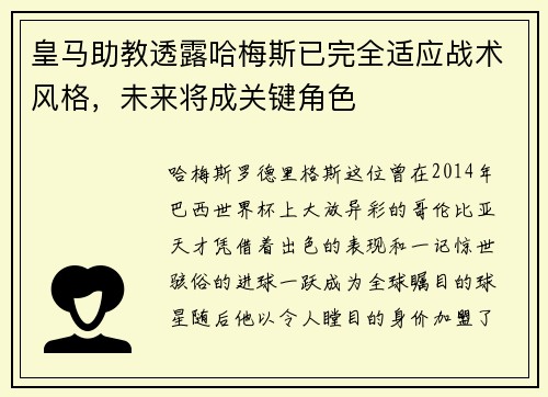 皇马助教透露哈梅斯已完全适应战术风格，未来将成关键角色