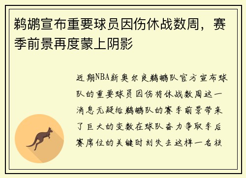 鹈鹕宣布重要球员因伤休战数周，赛季前景再度蒙上阴影